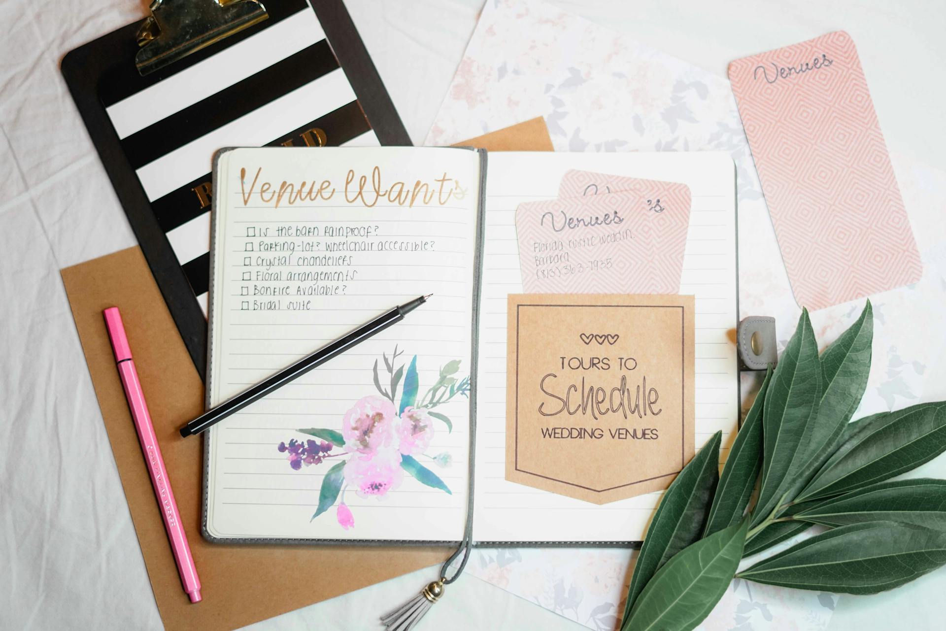 Wedding Planner vs. Wedding Agency: What's the Difference? 3 Wedding planning materials flat lay with journal and stationery